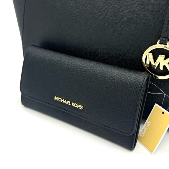 Michael Kors JST Large Chain Shoulder Tote Bag & Trifold Wallet Black/Gold - Picture 9 of 12